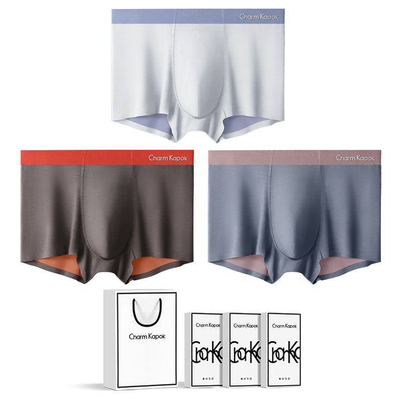 three men's silk underwear are shown in three different colors