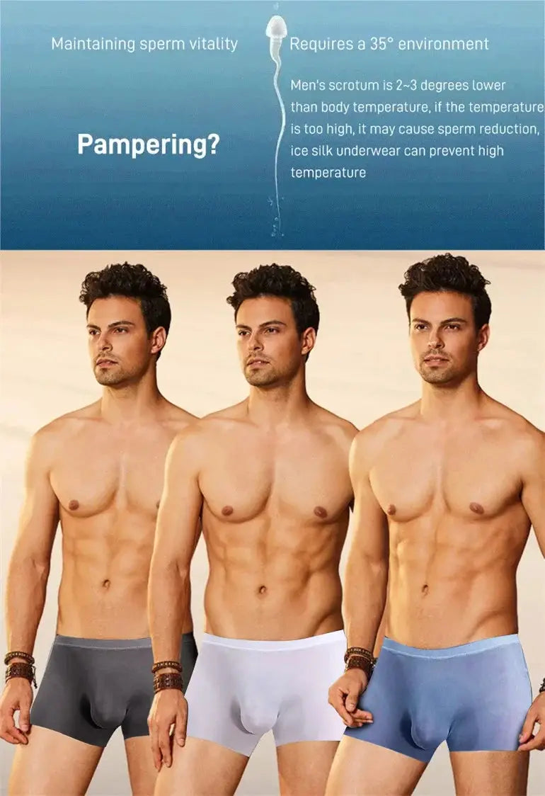 three men in underwear standing next to each other